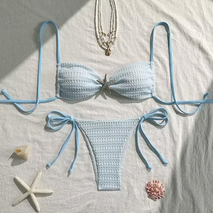 Sexy bleu ciel Micro Bikini 2026 femmes métal étoile de mer ornement plissé Push Up cravate côté str