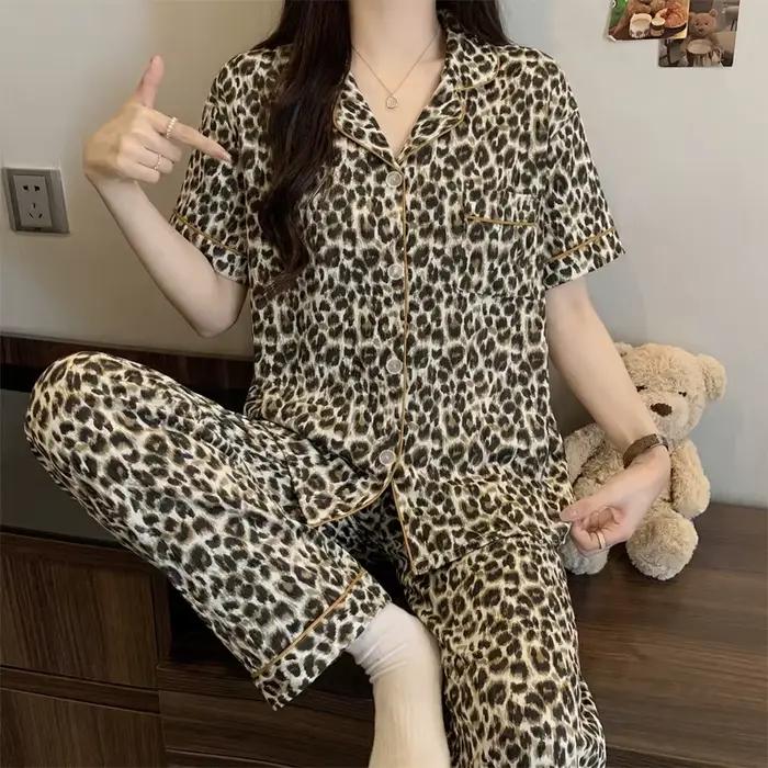 Pyjama doux à nœuds de style français pour femme : ensemble d'été à manches courtes et pantalon long