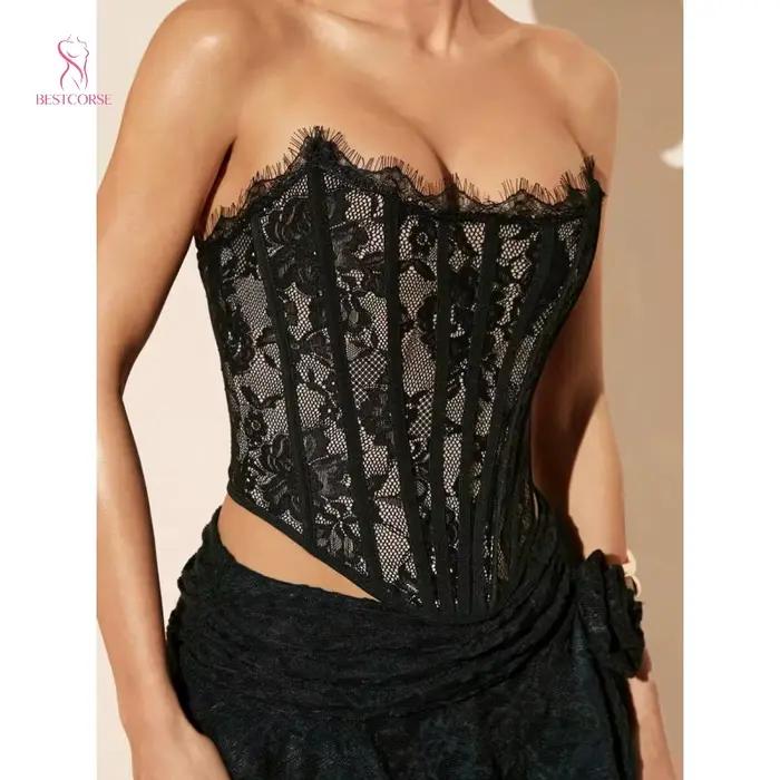 Corset bustier sexy, corset femme luxe et élégant pour femmes, en dentelle corset noir et résille, s