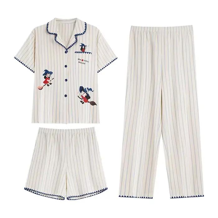 Ensemble pyjama d'été 3 pièces pour femmes, col rabattu, avec coussinet de poitrine, pyjama en coton