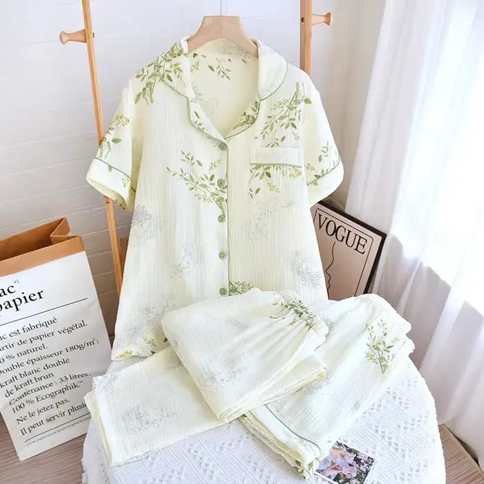 Ensemble pyjama trois pièces en crêpe de coton pur pour femme, manches courtes fines + Short + panta