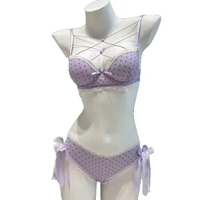 Ensemble soutien-gorge et culotte en dentelle à pois, avec nœuds en forme de cœur, lingerie sexy, so