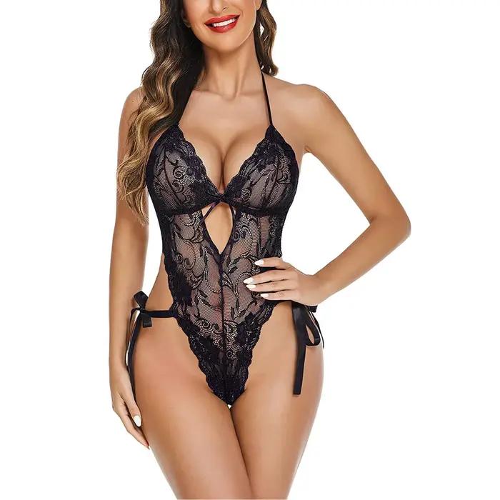 Body Sexy en dentelle pour femmes, Lingerie pour dos nu, couleur unie, une pièce, à bretelles, col l