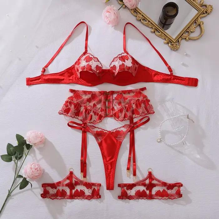 Ensemble de lingerie érotique brodé Cœur Rouge pour femme, 4 pièces : Soutien-gorge push-up à armatu