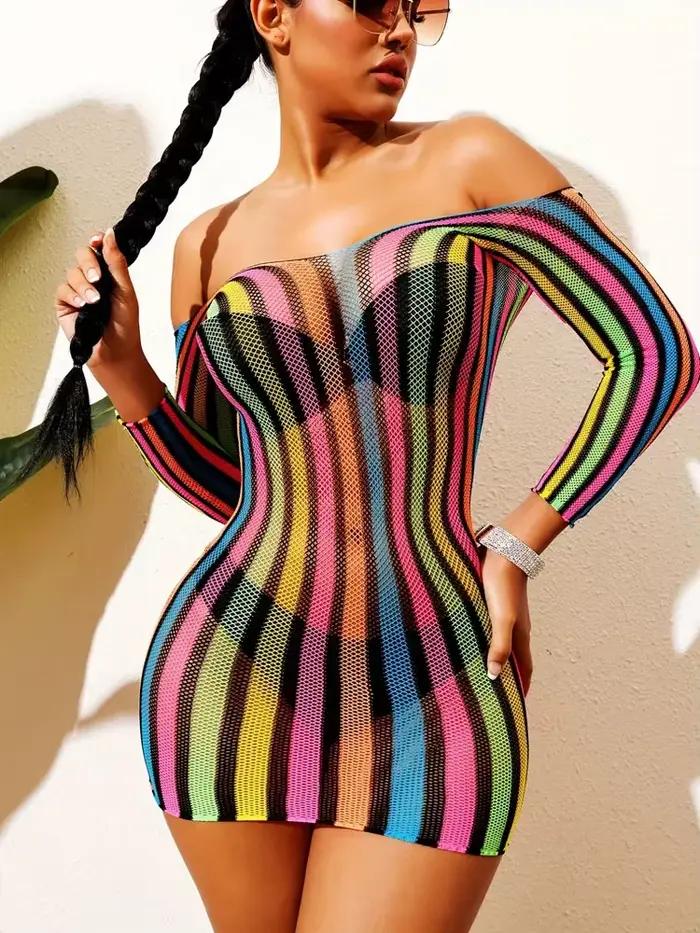 Robe de nuit dos nu pour femme, mini robe rayée arc-en-ciel, lingerie sexy, maille sexy, chemise de 