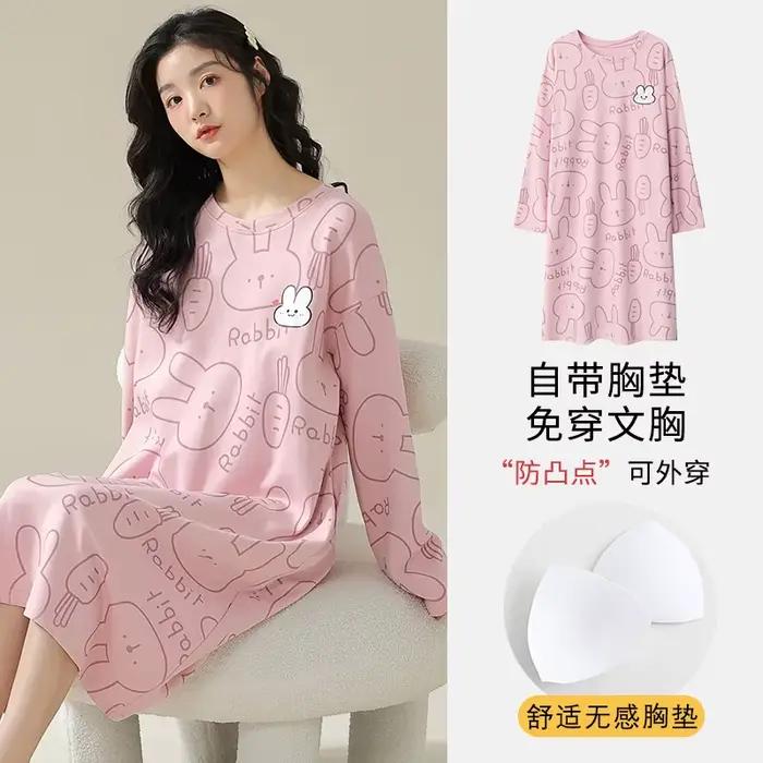 Robe de nuit en coton à manches longues pour femmes, chemise de nuit de dessin animé, lingerie impri