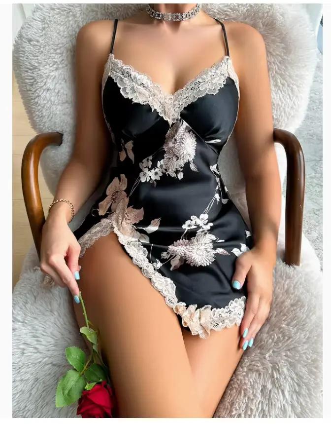 Chemise de nuit léopard en dentelle pour femmes, col en V, dos nu, fente latérale, slip, robe de nui