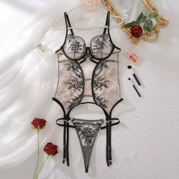 Ensemble de lingerie sexy en dentelle de luxe pour femmes, ultra-fin, transparent, broderie en maill
