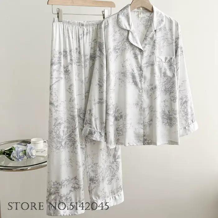 Ensemble de pyjamas de luxe pour femmes, vêtements de nuit élégants en satin de soie blanc avec dent