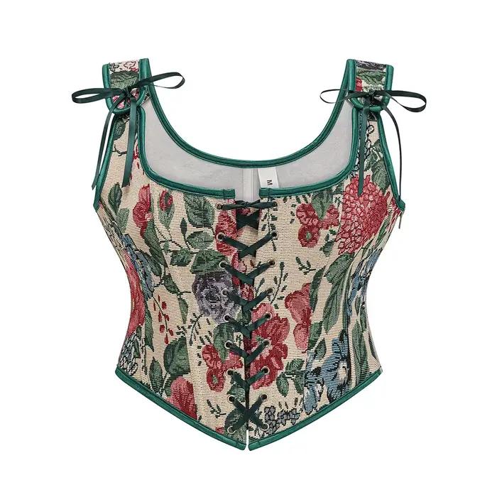 Vert motif Floral taille formation surbuste gothique médiéval Corset à lacets désossé Sexy gilet hau