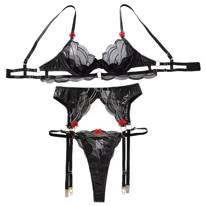 Ensemble de lingerie sexy pour femme, soutien-gorge noir à armatures, broderie géométrique, porte-ja