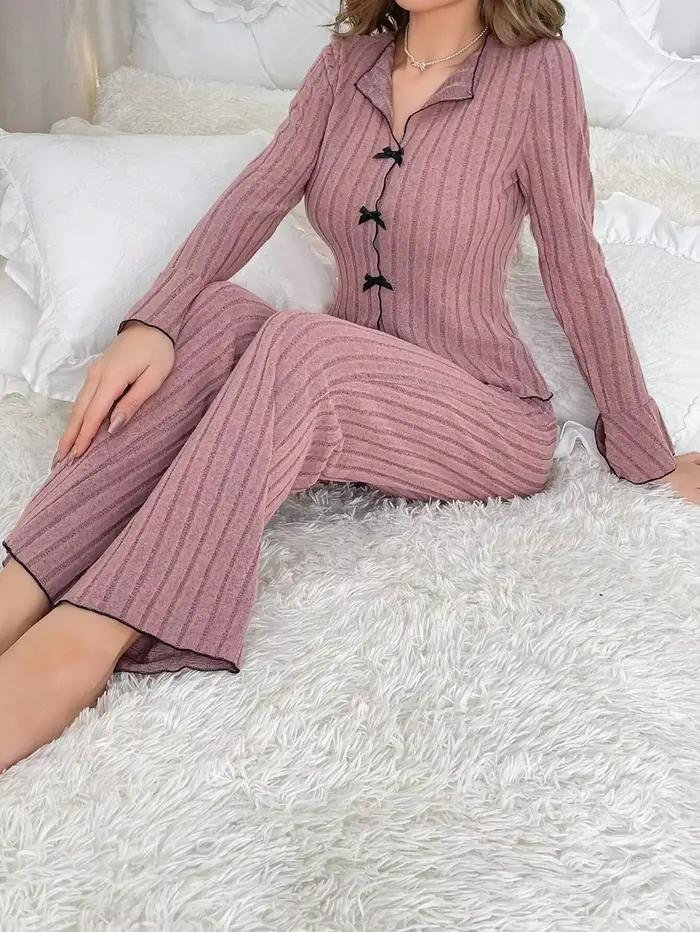 Ensemble pyjama chaud pour femme, vêtements de nuit, nœud à revers, mode, Sexy, manches longues, hau