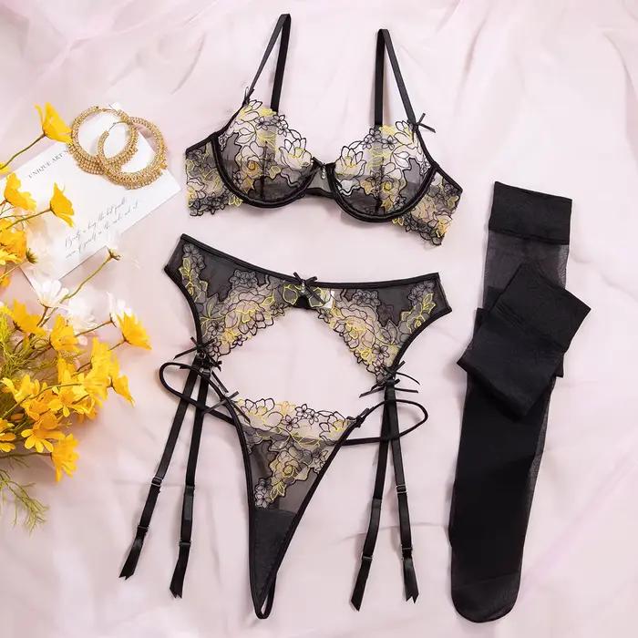 Ensemble de lingerie de luxe en dentelle 4 pièces avec broderie florale, soutien-gorge sexy, porte-j