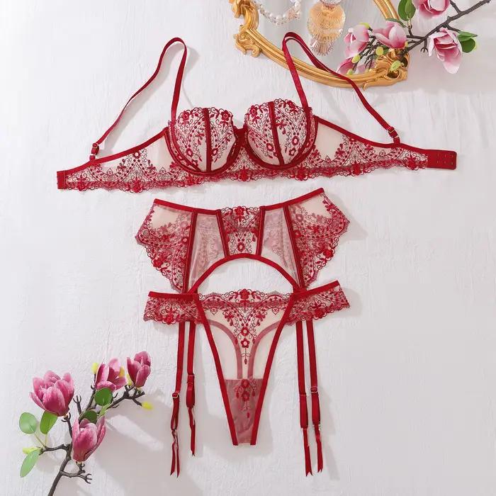 AVELINE-Ensemble de lingerie avec porte-jarretelles pour femme, sous-vêtements en maille, transparen