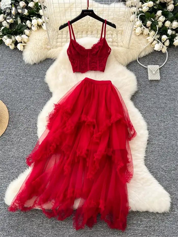 SINGREINY – costume deux pièces Sexy en dentelle pour femmes, Camisole sans bretelles + jupe à taill