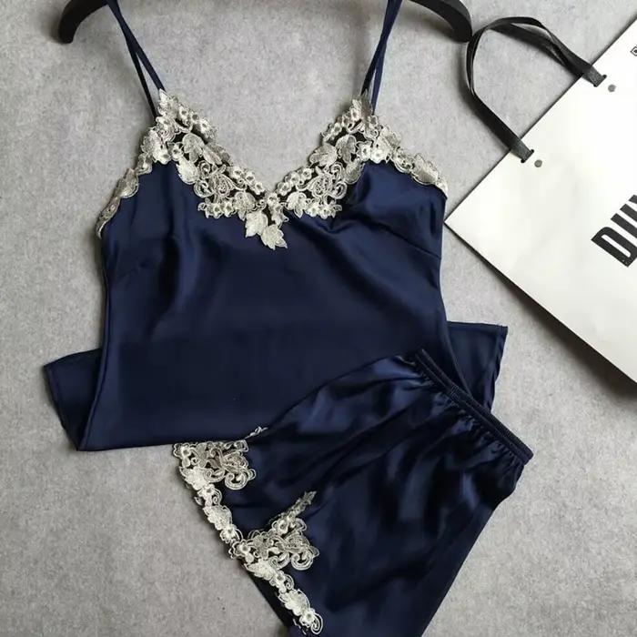 Ensemble pyjama en satin pour femmes, sexy, en dentelle, col en v, vêtements de nuit d'été, pour la 