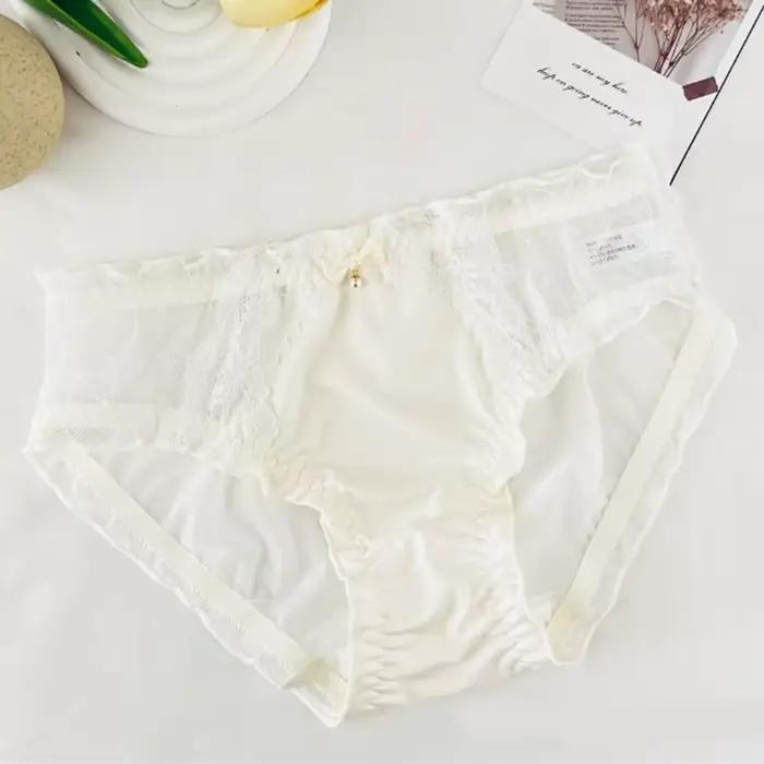 Culottes en dentelle taille basse pour femmes, en maille transparente avec nœud et perles, lingerie 