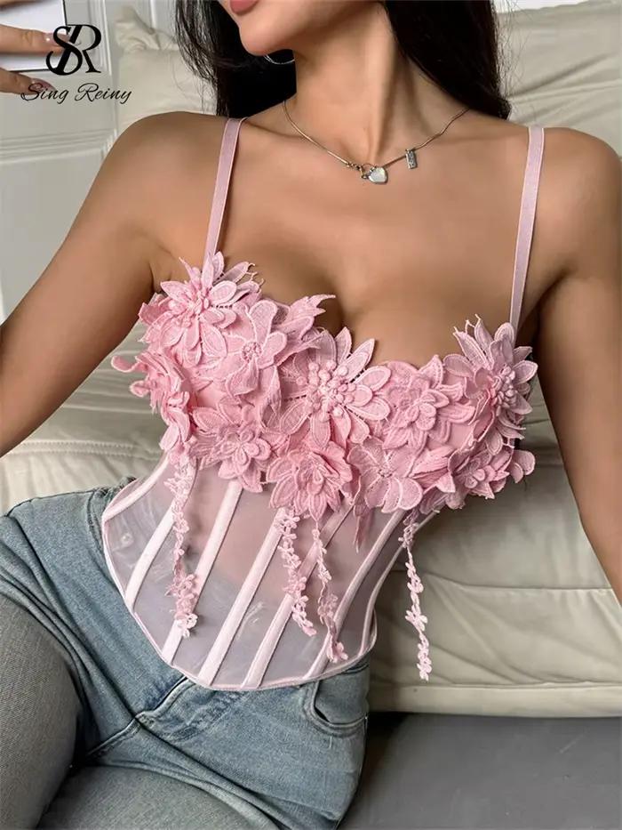 SINGREINY pure gaze 3D fleurs Corset femmes rose Sexy bretelles mince hauts mode Streetwear dames co