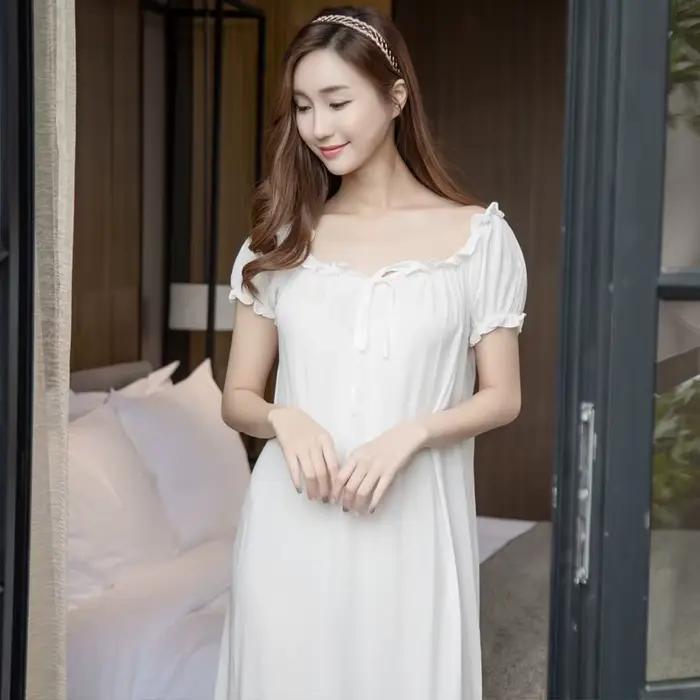 Robe de nuit sexy pour femme, chemise de nuit longue en coton blanc avec dentelle, tenue décontracté