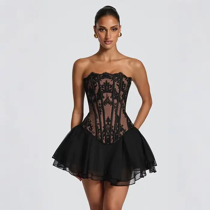 Ensemble haut et jupe pour femme en dentelle, haut corset en dentelle transparente à manches longues