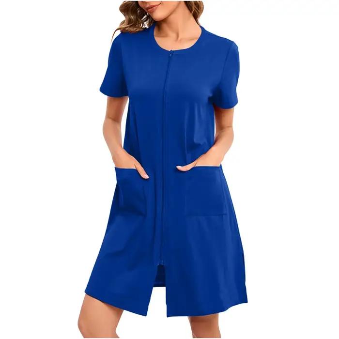 Chemise de nuit zippée sur le devant pour femmes, chemise de nuit à manches courtes, col rond, robe 