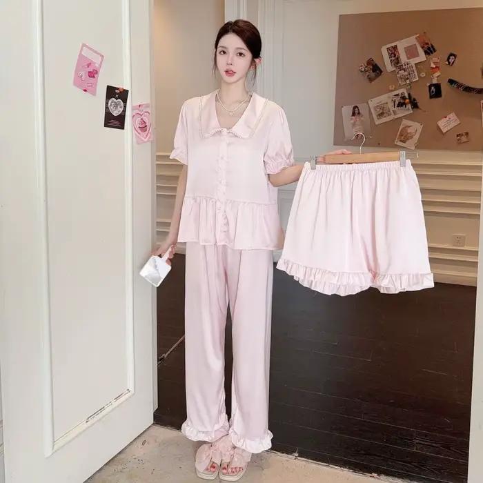 Sexy à manches courtes chemise Shorts pantalon Pijamas costume été femme 3 pièces Pyjamas ensemble v