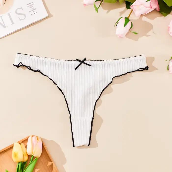 Culotte string en coton avec nœud papillon pour femme, sous-vêtement sexy, couleur unie, taille bass