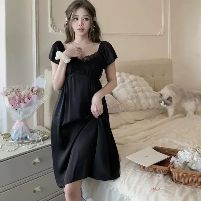 Robe longue d'été en soie pour femmes, vêtements de nuit, bretelles fines, manches courtes, vêtement