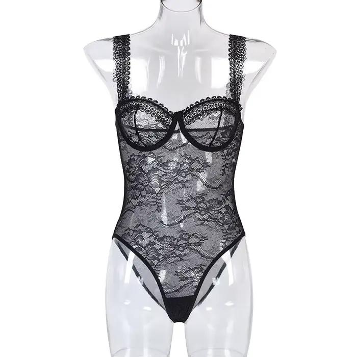 Body en dentelle transparente femmes broderie florale Transparent Teddy Lingerie une pièce corps Tra