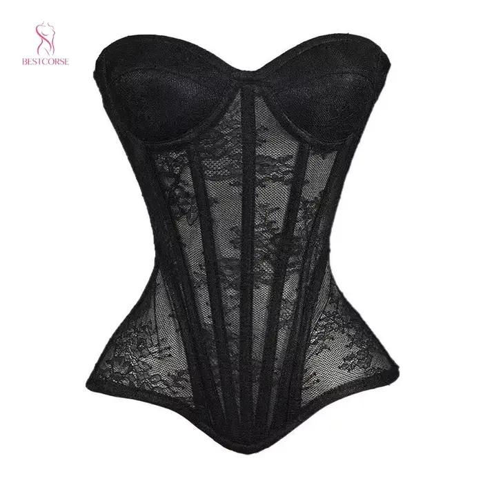 XXS corset femme luxe victorien élégant noir sexy en maille, bustier extrême moulant avec bonnets, b