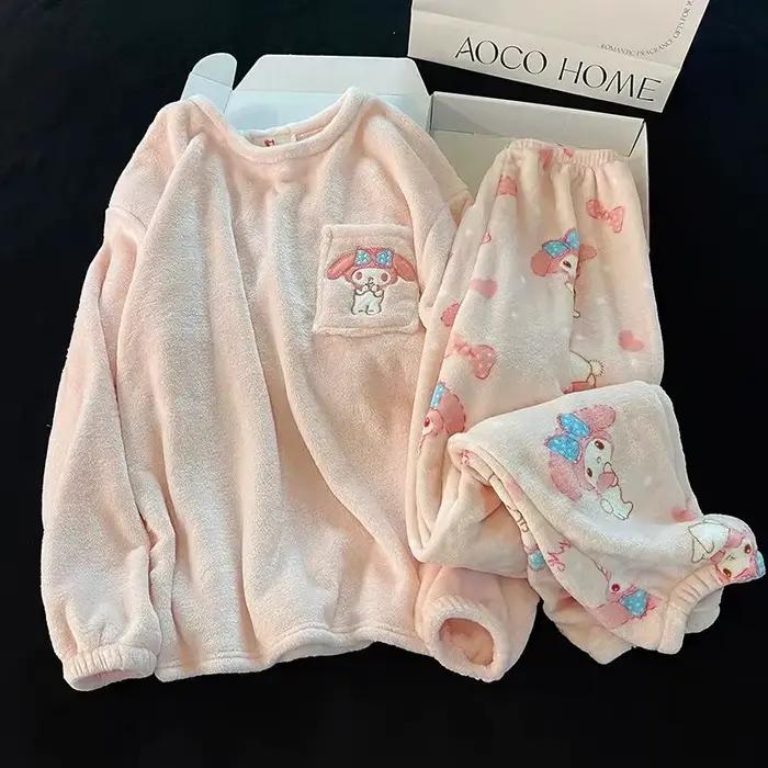 Pyjama d'hiver chaud en flanelle et velours corail pour fille, motif Cinnamoroll, Kuromi, My Melody,