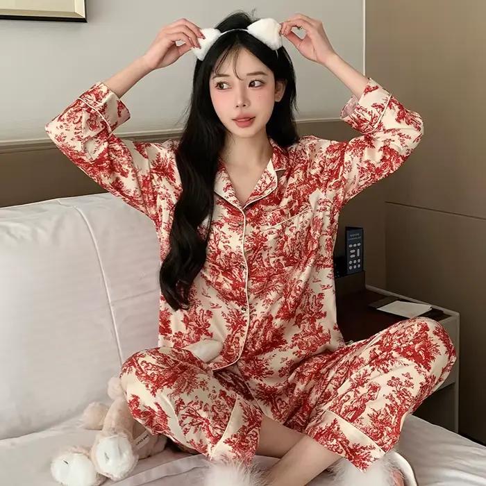 Pyjama en soie glacée pour femmes, Cardigan à revers imprimé, costume de maison, pantalon fin à manc