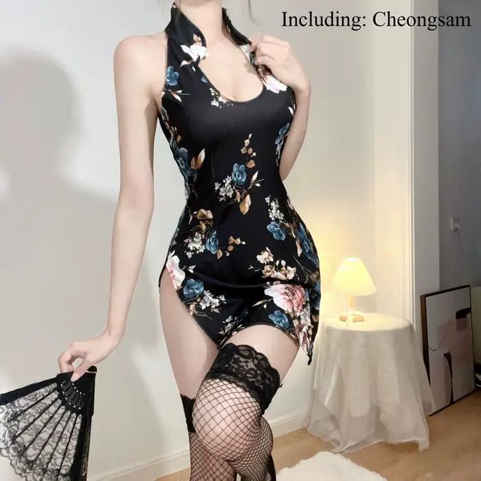 Lingerie Cheongsam de style chinois, ensemble uniforme imprimé moulant sans manches avec fente, déco