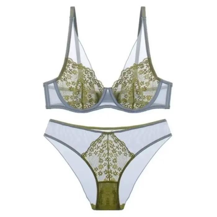 Ensemble soutien-gorge et culotte vintage français en dentelle florale, lingerie push-up sans coutur