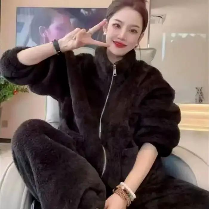 Polaire épais chaud femmes pyjamas ensemble hiver vêtements de nuit décontracté fermeture éclair cor