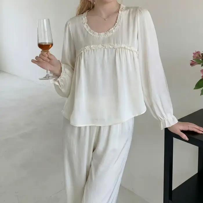 Pyjama Femme Printemps-Automne en Soie Glacée 2026 Nouvelle Collection Couleur Unie Col Rond Style F