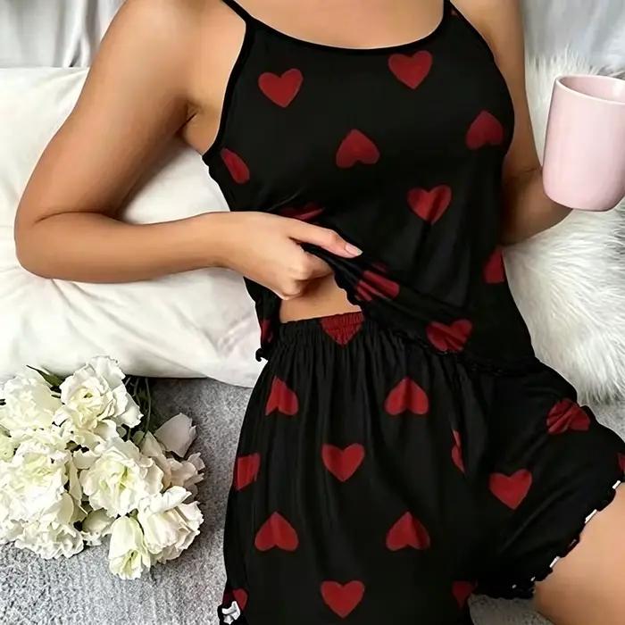 Ensemble de pyjama pour femmes, t-shirts et shorts, imprimé cœur rose, t-shirt à col rond, haut en s
