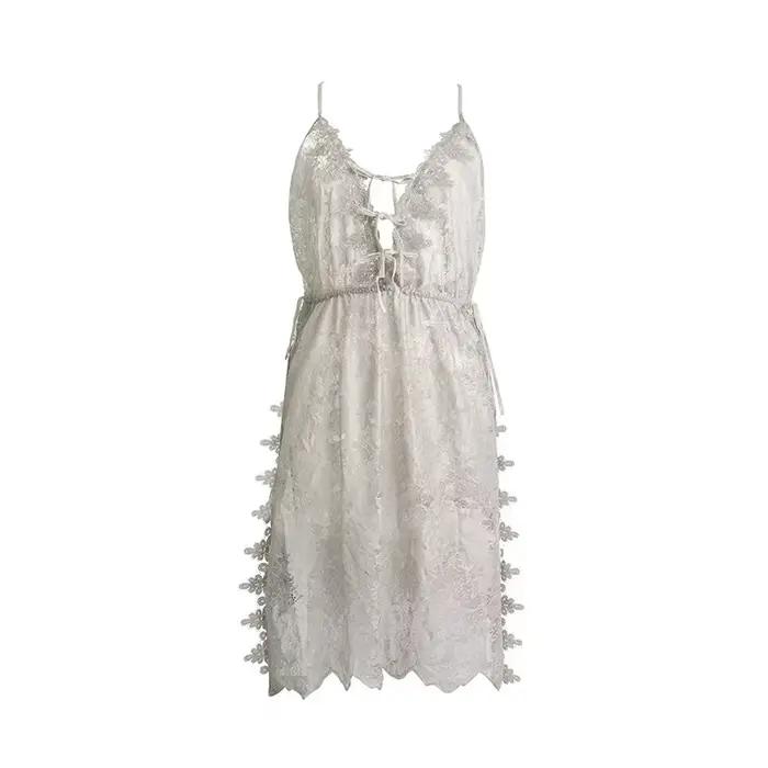 Pyjama en dentelle à fleurs vertes pour femmes, Transparent, décolleté en V profond, dos nu, Lingeri