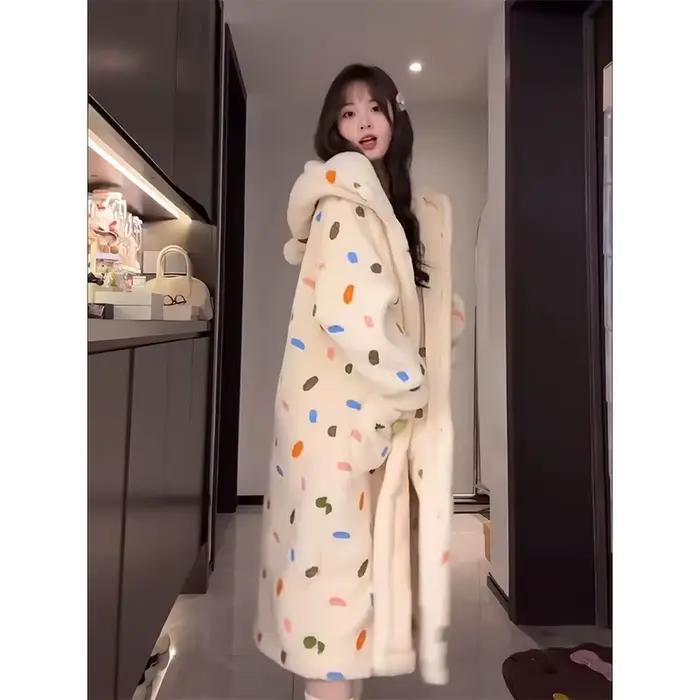 Robe à pois pour femmes, vêtements de nuit, chemise de nuit d'hiver, pyjama chaud en polaire, une pi