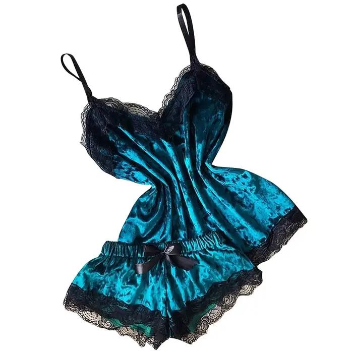Pyjama d'été en velours pour femmes, vêtements de nuit avec nœud, sans manches, bretelles, garniture