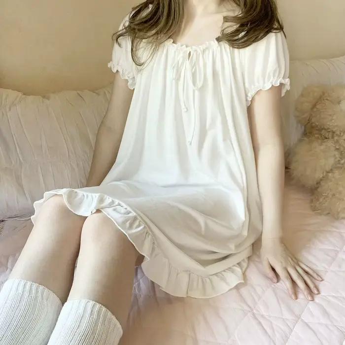 Femmes chemises de nuit à manches courtes solide blanc bleu vêtements de nuit étudiant doux belle ch