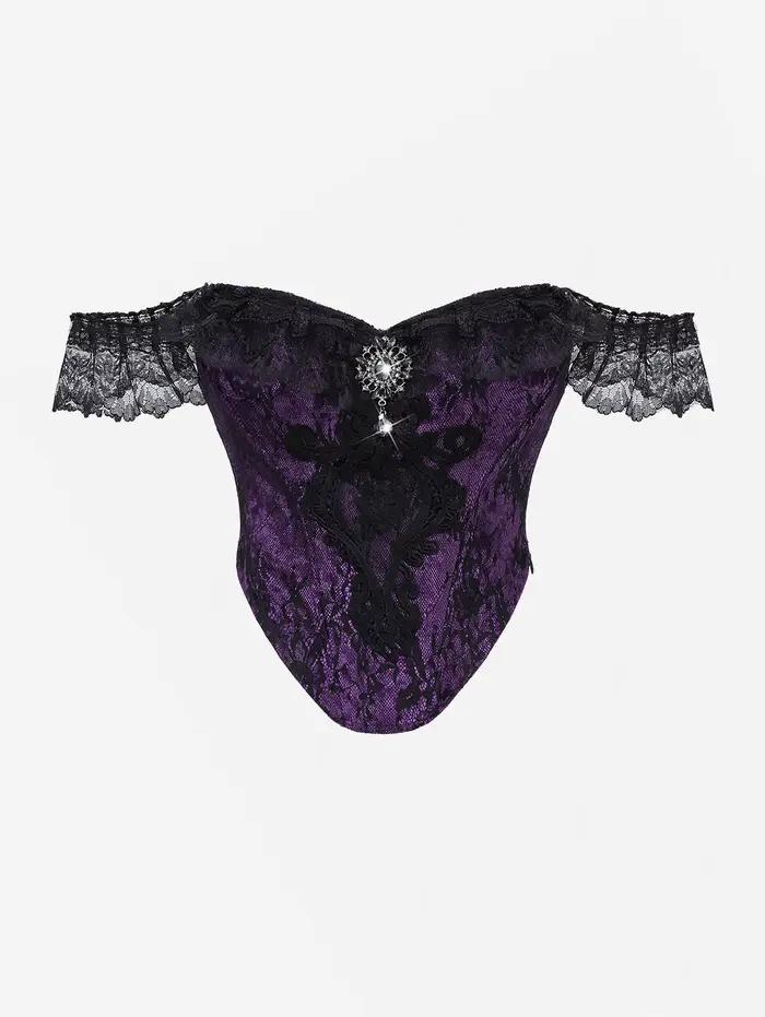 Corset gothique sans bretelles, superposition de dentelle florale, épaules dénudées, paillettes scin