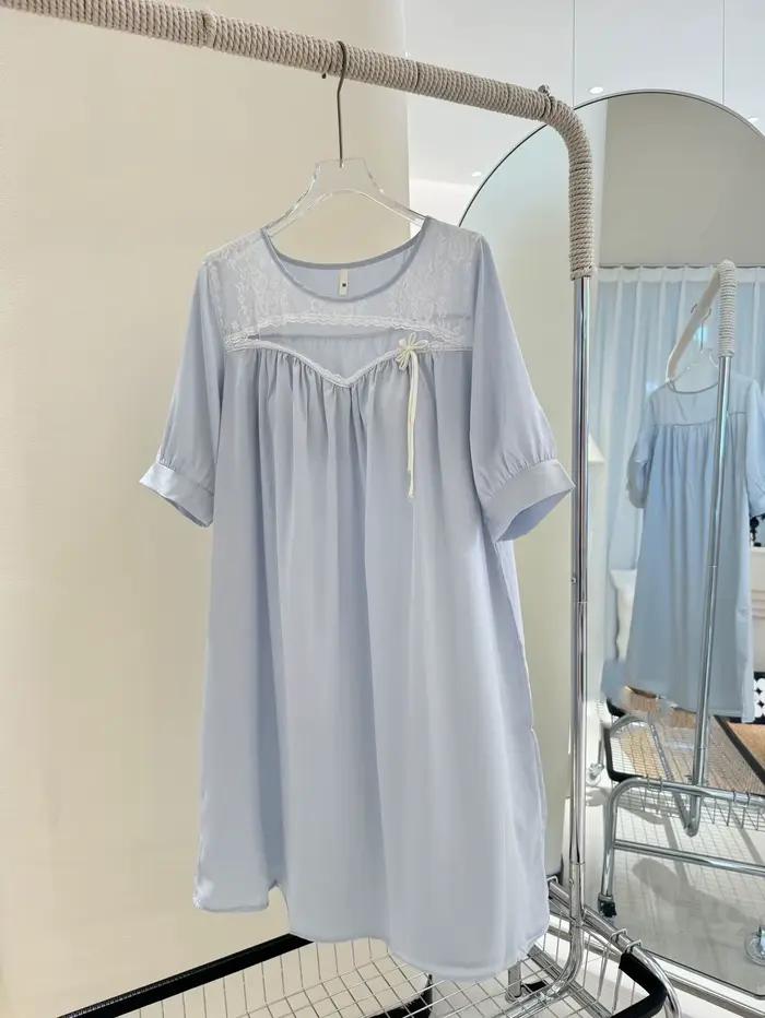 Chemise de nuit en soie glacée, col rond, pour la maison, douce, manches courtes, vêtements de nuit,