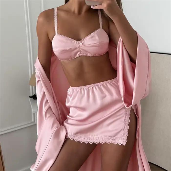 Ensemble de pyjama 3 pièces en satin rose élégant pour femme, avec jupe taille haute en dentelle sex