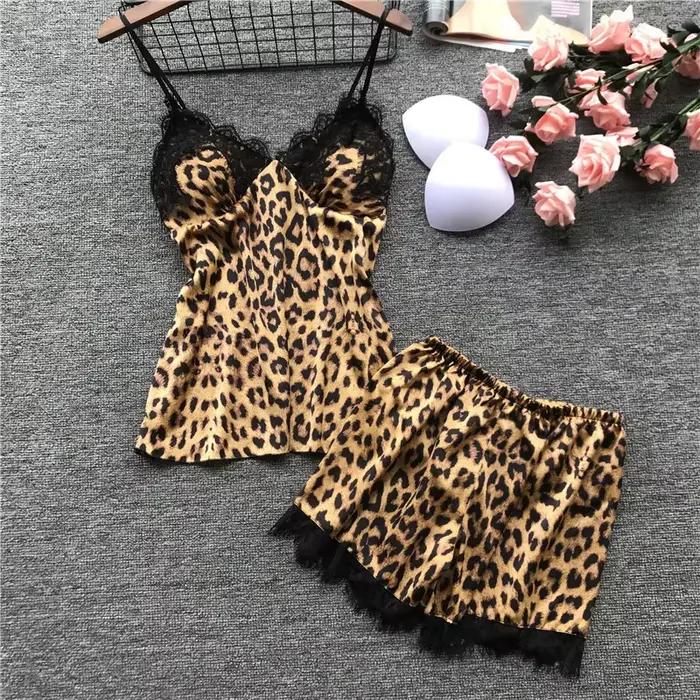 Ensemble pyjama sexy imprimé léopard pour femme, caraco et short, avec dentelle, tenue de nuit tenda