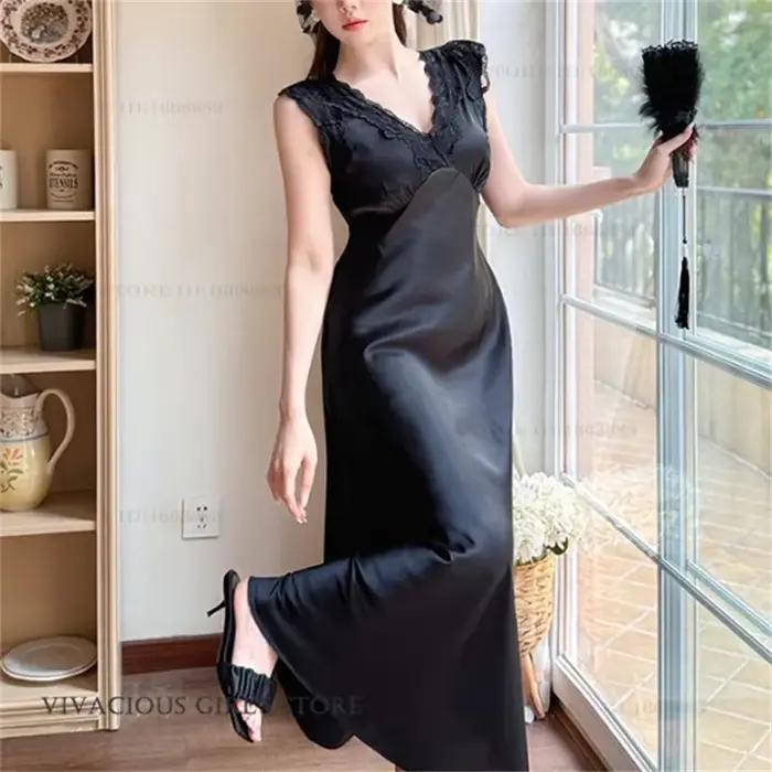 Nouvelle Robe de Nuit Longue pour Femme Printemps, Lingerie Sexy en Dentelle à Col en V Profond, Vêt