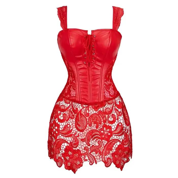 Steampunk Corset robe femmes gothique Sexy Faux cuir fermeture éclair Bustier dentelle jupe noir rou