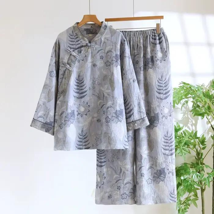 Ensemble pyjama en coton Jacquard pour femmes, Style Zen, respirant, 2 pièces, vêtements de maison, 