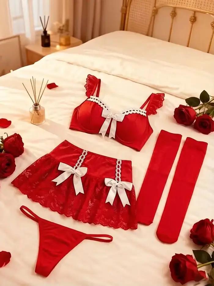 Ensemble de lingerie sexy en dentelle rouge pour femme et ensemble de lingerie en satin avec soutien