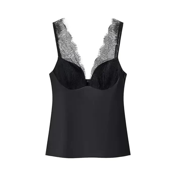 CharmChant noir Satin dentelle col en v Camisole haut pour femmes recadrée Y2k Harajuku mode élégant